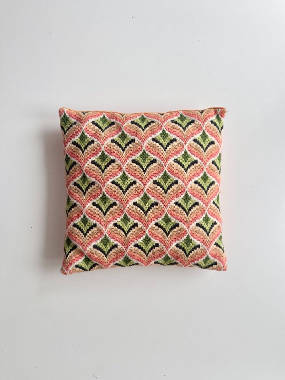 Vintage Retro Wool Needlepoint Embroidered Orange Velvet 13" x 13" Throw Pillow